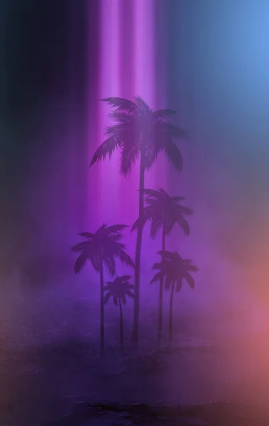 Tomma Mörka Tropiska Bakgrund Nattstrand Neon Ljus Stadsljus Silhuetter Tropiska — Stockfoto