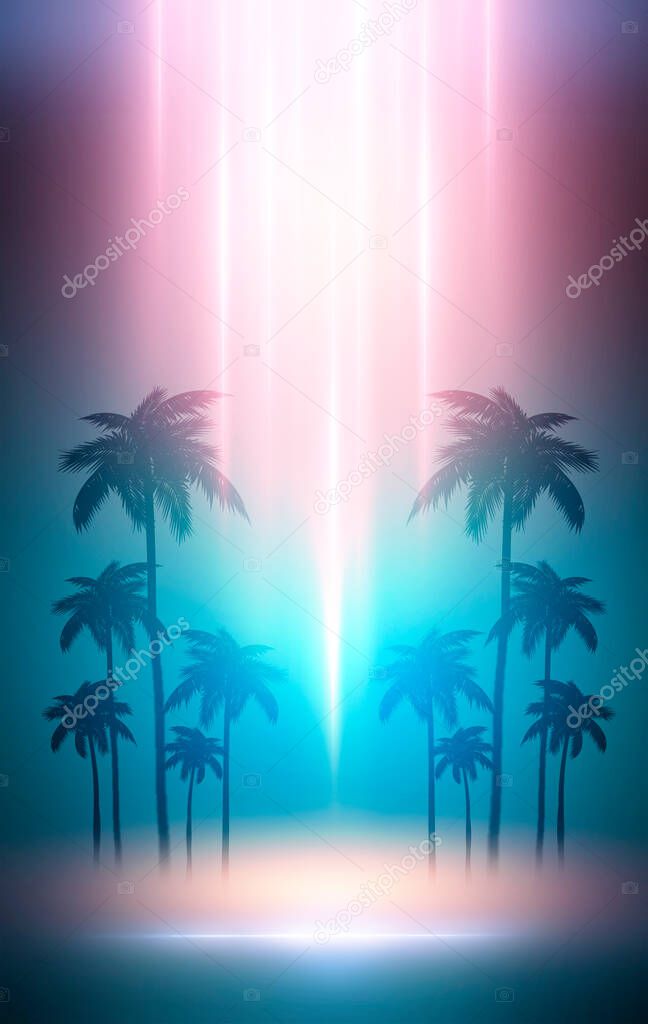 Empty dark tropical background of night sea beach, neon light, city lights. Silhouettes of tropical palm trees on a background of bright abstract sunset. Modern futuristic landscape. 3d illustration