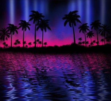 Tropikal palmiye ağaçları, neon ışıkları ve ışınları olan soyut modern fütüristik karanlık manzara. Sudaki yansıma, gece görüşü, soyut tropikal arka plan. 3d illüstrasyon