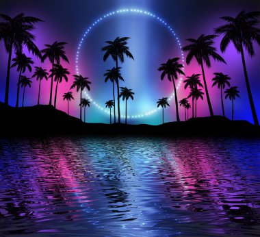 Tropikal palmiye ağaçları, neon ışıkları ve ışınları olan soyut modern fütüristik karanlık manzara. Sudaki yansıma, gece görüşü, soyut tropikal arka plan. 3d illüstrasyon