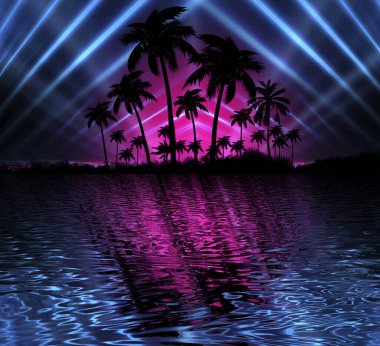 Tropikal palmiye ağaçları, neon ışıkları ve ışınları olan soyut modern fütüristik karanlık manzara. Sudaki yansıma, gece görüşü, soyut tropikal arka plan. 3d illüstrasyon