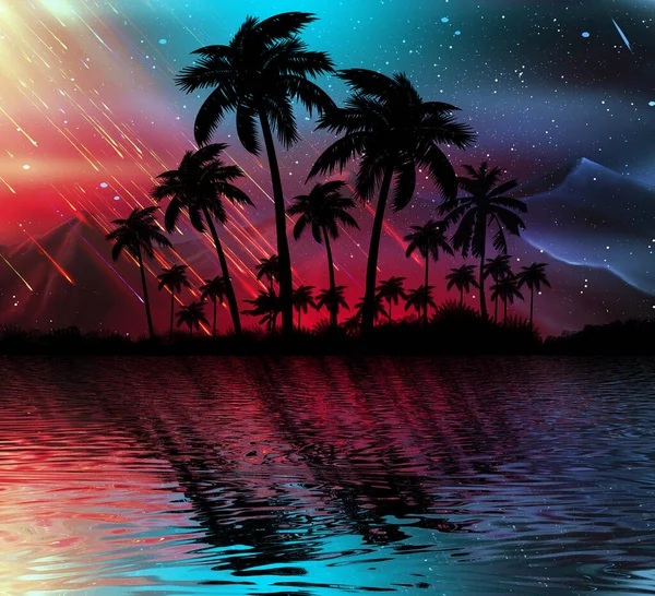 Absztrakt Modern Futurisztikus Sötét Táj Trópusi Pálmafákkal Neon Fényekkel Sugarakkal — Stock Fotó