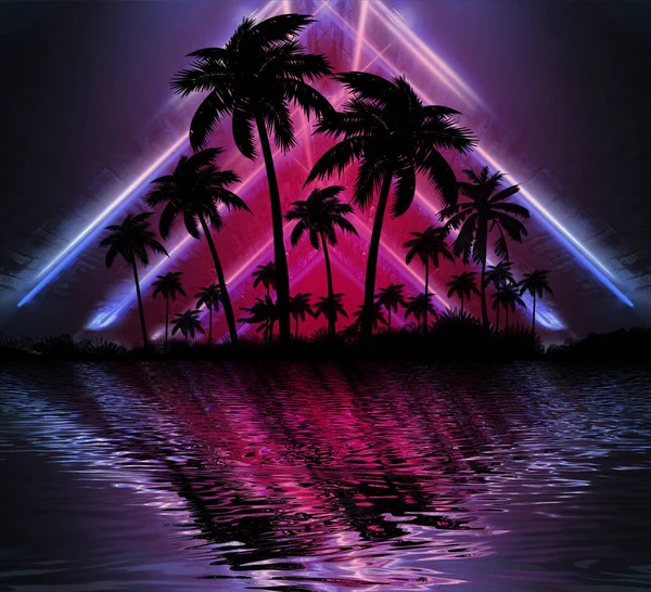 Abstrakte Moderne Futuristische Dunkle Landschaft Mit Tropischen Palmen Neonlichtern Strahlen — Stockfoto