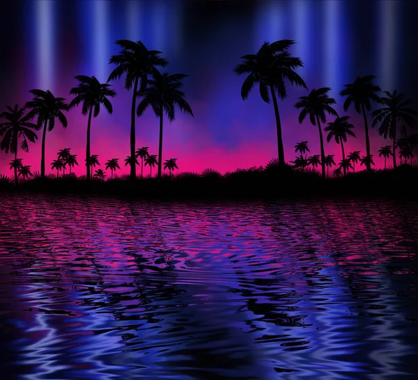 Abstract Modern Futuristisch Donker Landschap Met Tropische Palmbomen Neonlichten Stralen — Stockfoto