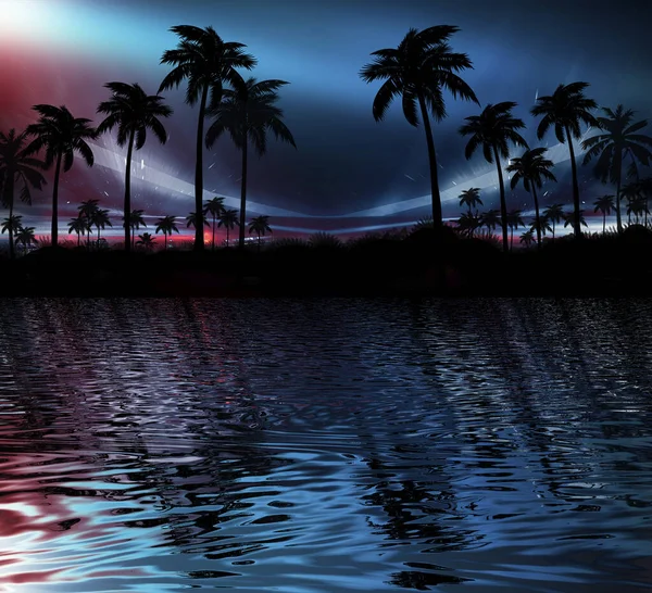 현대적 미래주의적 어두운 풍경에 야자나무 광선이 속에서의 추상적 — 스톡 사진