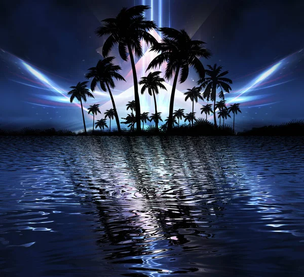 Abstract Modern Futuristic Dark Landscape Tropical Palm Trees Neon Lights — Stock Photo, Image