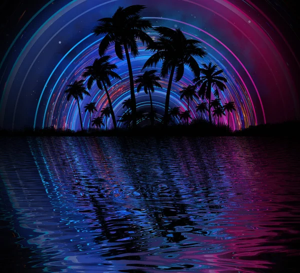 概要熱帯ヤシの木 ネオンライト 光線と現代の未来的な暗い風景 水の反射 抽象的な熱帯の背景 3Dイラスト — ストック写真