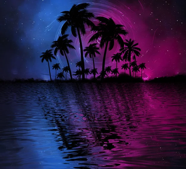 Streszczenie Nowoczesny Futurystyczny Ciemny Krajobraz Tropikalnych Palm Neonów Światła Promienie — Zdjęcie stockowe