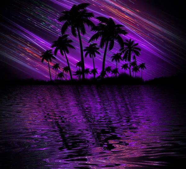 带热带棕榈树 霓虹灯 光芒的现代未来派黑暗景观 倒映在水中 抽象的热带背景 3D说明 — 图库照片