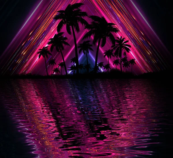 Streszczenie Nowoczesny Futurystyczny Ciemny Krajobraz Tropikalnych Palm Neonów Światła Promienie — Zdjęcie stockowe