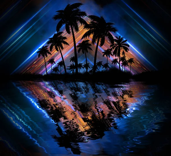 Paysage Sombre Futuriste Abstrait Avec Palmiers Tropicaux Néons Rayons Reflet — Photo