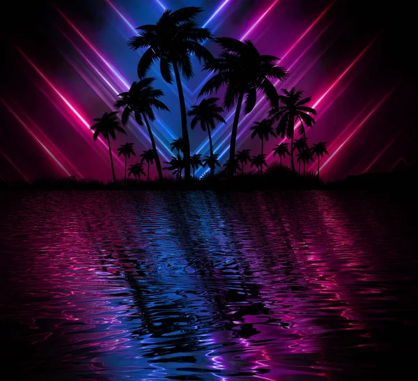 Astratto Moderno Futuristico Paesaggio Scuro Con Palme Tropicali Luci Neon — Foto Stock