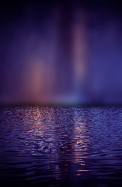 Boş gelecekçi dramatik fantezi sahnesi. Gece piyadesi, sualtı soyut geçmişi. Soyut karanlık manzara, sokak ıslaklığı, duman, sis. Neon mavi ışık sıvısı elementi. 3B illüstrasyon