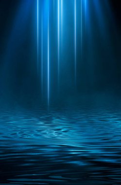 Boş gelecekçi dramatik fantezi sahnesi. Gece piyadesi, sualtı soyut geçmişi. Soyut karanlık manzara, sokak ıslaklığı, duman, sis. Neon mavi ışık sıvısı elementi. 3B illüstrasyon