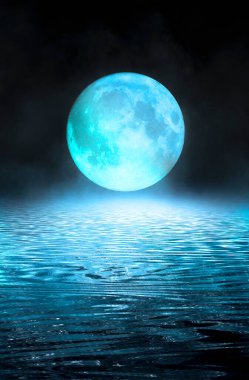 Boş gelecekçi dramatik fantezi sahnesi. Gece piyadesi, sualtı soyut geçmişi. Soyut karanlık manzara, sokak ıslaklığı, duman, sis. Neon mavi ışık sıvısı elementi. 3B illüstrasyon