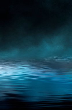 Boş gelecekçi dramatik fantezi sahnesi. Gece piyadesi, sualtı soyut geçmişi. Soyut karanlık manzara, sokak ıslaklığı, duman, sis. Neon mavi ışık sıvısı elementi. 3B illüstrasyon