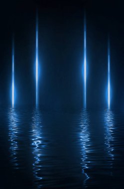 Boş gelecekçi dramatik fantezi sahnesi. Gece piyadesi, sualtı soyut geçmişi. Soyut karanlık manzara, sokak ıslaklığı, duman, sis. Neon mavi ışık sıvısı elementi. 3B illüstrasyon