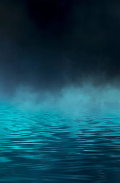 空虚的未来戏剧性的幻想场景 夜间海军陆战队员 水下抽象背景 抽象的黑暗风景 街道潮湿 神经元蓝光流体元件 3D插图 — 图库照片