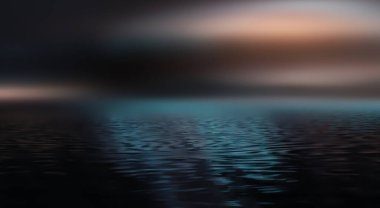 Işık neon etkisi, karanlık bir arkaplanda enerji dalgaları. Lazer renkli neon şov. Sudaki ışığın yansıması. Karanlık gökyüzü, okyanus. Duman, sis. 3B illüstrasyon