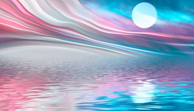 Soyut gelecekçi deniz manzarası. Açık neon hatları, deniz kıyısı, suda yansıma. Fantezi hikayesi, parlak pembe ve mavi. 3B illüstrasyon