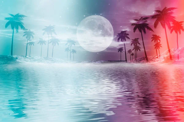 抽象未来的背景 ネオンの輝き 水の上に熱帯のヤシの木の反射 ビーチパーティー 3Dイラスト — ストック写真
