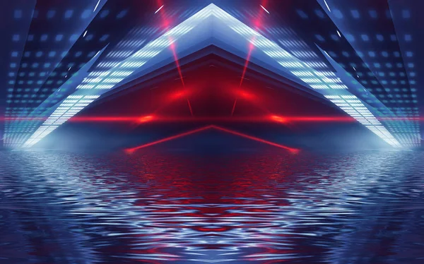 Abstraktní Temné Futuristické Pozadí Neonové Paprsky Světla Odrážejí Vody Pozadí — Stock fotografie