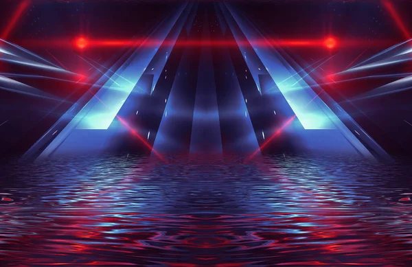 抽象暗い未来的背景 光のネオンは水から反射されます 空のステージショー ビーチパーティーの背景 ネオンの未来的な暗い背景 — ストック写真
