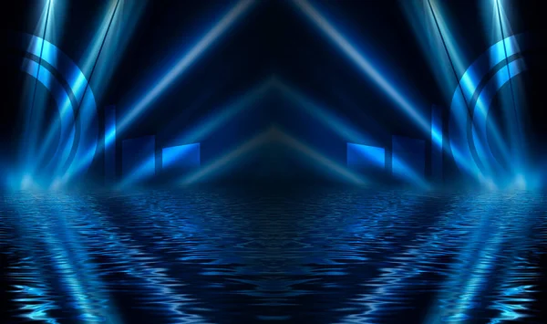 Streszczenie Ciemne Futurystyczne Tło Neonowe Promienie Światła Odbijają Się Wody — Zdjęcie stockowe