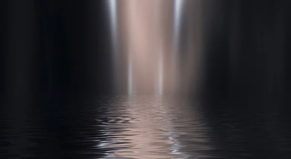 Тёмный Неоновый Фон Лучами Линиями Вид Ночью Отражение Воде Неонового — стоковое фото