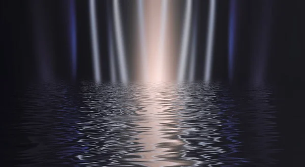 Donkere Neon Achtergrond Met Stralen Lijnen Nachtzicht Reflectie Het Water — Stockfoto