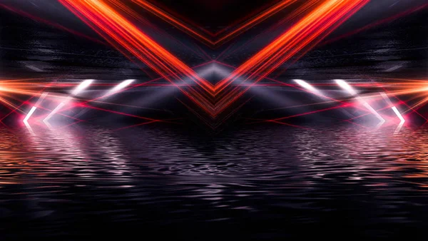 Dark modern abstract background with neon liquid lines, red, yellow neon. Flowing beams, liquid neon paint. Reflection of lights in the water. Blank background, cover.