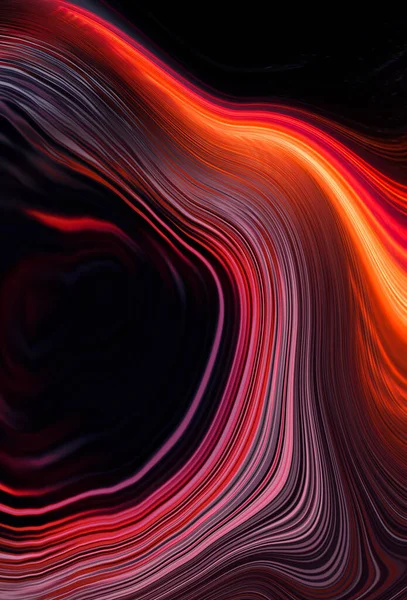 Dark neon background with rays and liquid, flowing lines. Night view, reflection in the water of neon light. Abstract dark bright red neon. 3d illustration