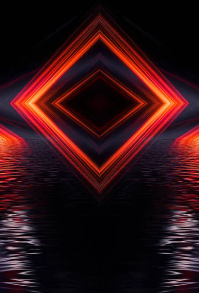 Dark neon background with rays and liquid, flowing lines. Night view, reflection in the water of neon light. Abstract dark bright red neon. 3d illustration