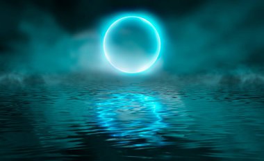 Dramatik karanlık arka plan. Suyun üzerindeki ışığın yansıması. Duman bulutu. Işık neon etkisi, karanlık bir arkaplanda enerji dalgaları. Lazer neon şov. Duman, sis. 3d illüstrasyon