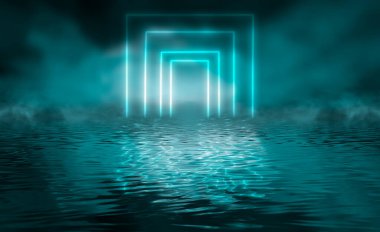 Dramatik karanlık arka plan. Suyun üzerindeki ışığın yansıması. Duman bulutu. Işık neon etkisi, karanlık bir arkaplanda enerji dalgaları. Lazer neon şov. Duman, sis. 3d illüstrasyon