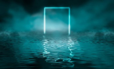 Dramatik karanlık arka plan. Suyun üzerindeki ışığın yansıması. Duman bulutu. Işık neon etkisi, karanlık bir arkaplanda enerji dalgaları. Lazer neon şov. Duman, sis. 3d illüstrasyon