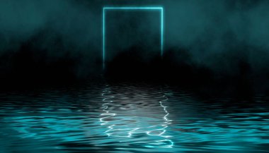 Dramatik karanlık arka plan. Suyun üzerindeki ışığın yansıması. Duman bulutu. Işık neon etkisi, karanlık bir arkaplanda enerji dalgaları. Lazer neon şov. Duman, sis. 3d illüstrasyon