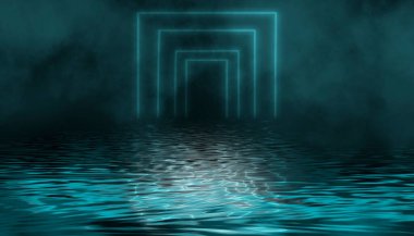 Dramatik karanlık arka plan. Suyun üzerindeki ışığın yansıması. Duman bulutu. Işık neon etkisi, karanlık bir arkaplanda enerji dalgaları. Lazer neon şov. Duman, sis. 3d illüstrasyon