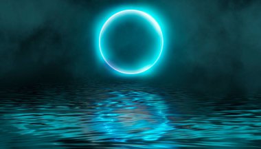 Dramatik karanlık arka plan. Suyun üzerindeki ışığın yansıması. Duman bulutu. Işık neon etkisi, karanlık bir arkaplanda enerji dalgaları. Lazer neon şov. Duman, sis. 3d illüstrasyon