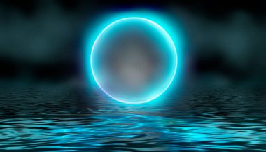 Dramatik karanlık arka plan. Suyun üzerindeki ışığın yansıması. Duman bulutu. Işık neon etkisi, karanlık bir arkaplanda enerji dalgaları. Lazer neon şov. Duman, sis. 3d illüstrasyon