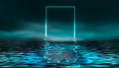 Dramatik karanlık arka plan. Suyun üzerindeki ışığın yansıması. Duman bulutu. Işık neon etkisi, karanlık bir arkaplanda enerji dalgaları. Lazer neon şov. Duman, sis. 3d illüstrasyon