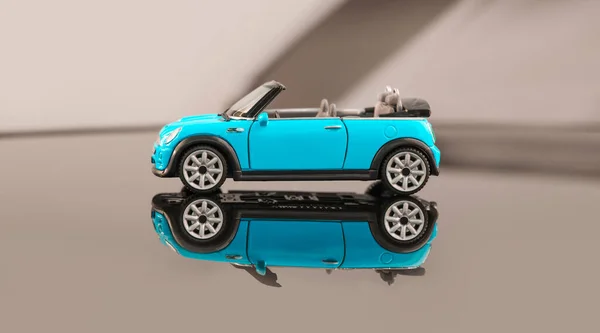 Blue Convertible Car Rides Light Background Reflected Mirrored Floor — Stock Photo, Image