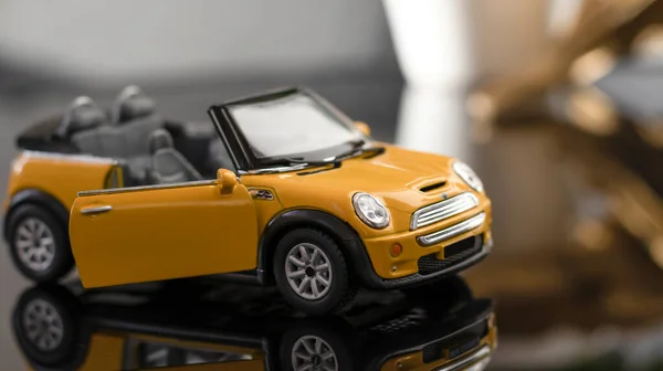 Convertible Model Yellow Mini Cooper Gray Background Yellow Toy Car — Stock Photo, Image