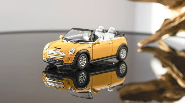 Convertible Model Yellow Mini Cooper Gray Background Yellow Toy Car — Stock Photo, Image