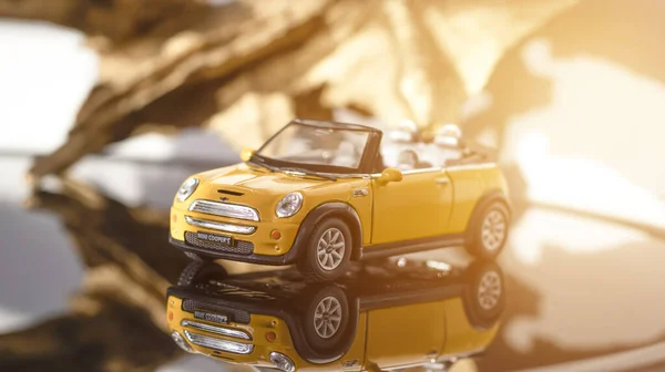 Convertible Model Yellow Mini Cooper Gray Background Yellow Toy Car — Stock Photo, Image