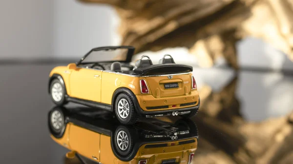 Convertible Model Yellow Mini Cooper Gray Background Yellow Toy Car — Stock Photo, Image