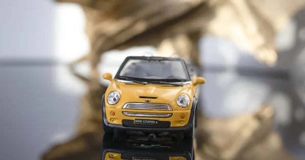 Convertible Model Yellow Mini Cooper Gray Background Yellow Toy Car — Stock Photo, Image