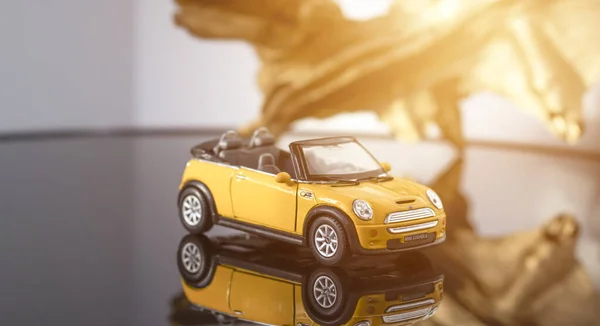 Convertible Model Yellow Mini Cooper Gray Background Yellow Toy Car — Stock Photo, Image