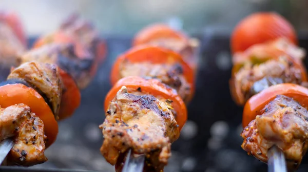 Kebab Shish Suculento Grelha Livre Pedaços Carne Carvão Close Fumaça — Fotografia de Stock