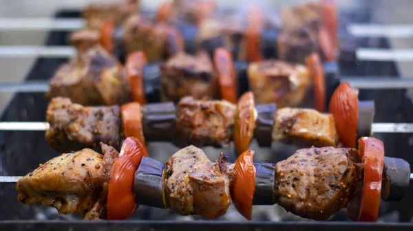 Juicy Shish Kebab Grill Outdoors Pieces Meat Coals Close Smoke — Stock Photo, Image